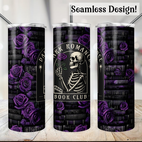 Dark Romance Tumbler Wrap, SEAMLESS 20oz Book Club Cup Transfer, Bookish Floral Stack PNG, Purple Roses 20 oz Skinny Sublimation Design File