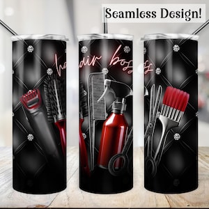 May include: A black tumbler with a seamless design featuring hair styling tools and the text "hair boss" in pink. The design includes a hairbrush, comb, scissors, and a spray bottle. The tumbler has a diamond pattern and silver accents.