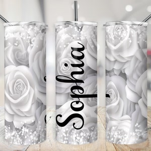 Wedding Tumbler Wrap, 20oz SEAMLESS Elegant White Roses Cup Transfer for Bridal Party, Bridesmaid 20 oz Skinny Tumbler Sublimation Design