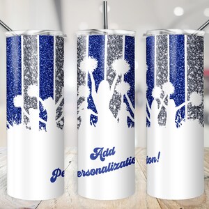 Cheer Tumbler Wrap Blau & Silber Schule Farben PNG, anpassbare Cheerleader Glitzer Cup Datei personalisiert 20 oz Skinny Sublimation Design