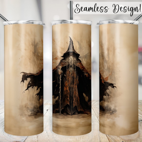 Wizard Tumbler Wrap, 20oz SEAMLESS Sorcerer Cup Transfer PNG, Spellcasting RPG 20 oz Skinny Sublimation Design, Mystical Role Playing Game