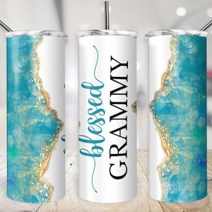 Blessed Grammy Tumbler Wrap, Turquoise & Gold Geode 20 oz Skinny Sublimation Design, Grandma Cup Transfer, Watercolor Agate PNG for Grammie