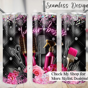 May include: A black and pink tumbler with a seamless design featuring hair styling tools, flowers, and the text "Hair Boss".