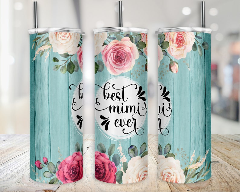 Bästa Mimi någonsin sublimering smal tumbler wrap design rustik rosblommig mormor 20oz - endast design bild 1