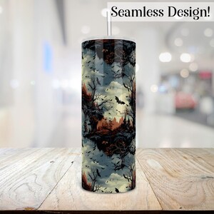 May include: A stainless steel tumbler with a seamless design featuring a dark forest scene with bats and trees. The background is a light blue and yellow color.