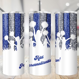 Cheer Tumbler Wrap, 20oz Blue Black & Silver School Colors PNG, Cheerleader Glitter Cup File Personalized 20 oz Skinny Sublimation Design