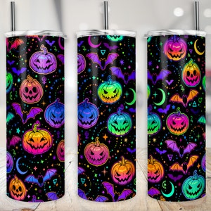 Bright Tumbler Wrap Neon Halloween Pumpkin & Bats PNG Witchy Jack O Lantern  Spooky Digital File 20 oz Skinny Sublimation Design Download