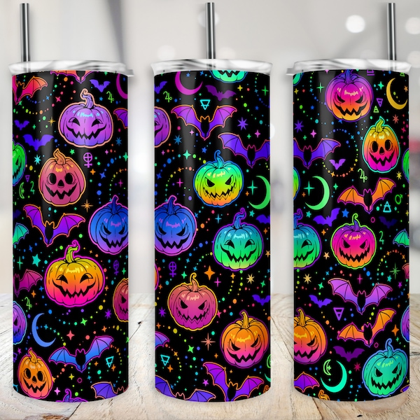 Bright Tumbler Wrap Neon Halloween Pumpkin & Bats PNG Witchy Jack O Lantern  Spooky Digital File 20 oz Skinny Sublimation Design Download