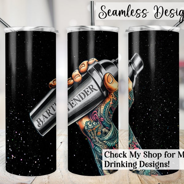 Bartender Tattoo Tumbler Wrap, 20oz SEAMLESS Engraved Cocktail Shaker Sublimation Cup Transfer, Tattooed Mixologist 20 oz Skinny Design File