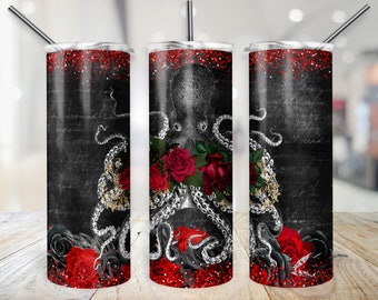 Gothic Kraken Tumbler Wrap, Steampunk Giant Squid Cup Transfer, Romantic Goth Black & Red Flowers PNG, 20 oz Sea Creature Sublimation Design