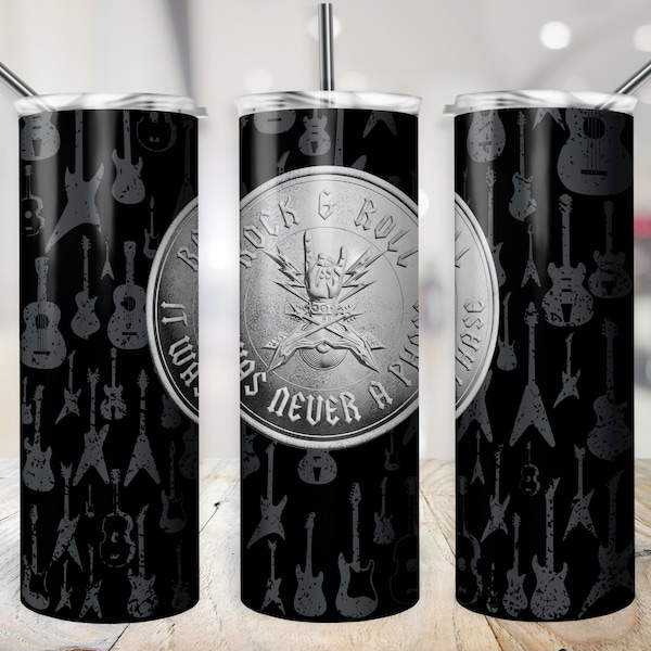 3D Rocker Tumbler Wrap 20oz Embossed Rock & Roll It Was Never a Phase Cup Design SEAMLESS Guitars Background 20 oz Skinny Sublimation