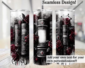 Envoltura para vaso con forma de libro gótico, transferencia de vaso de fantasía personalizable sin costuras de 20 oz, PNG literario, archivo de diseño de sublimación delgada de 20 oz de romance oscuro