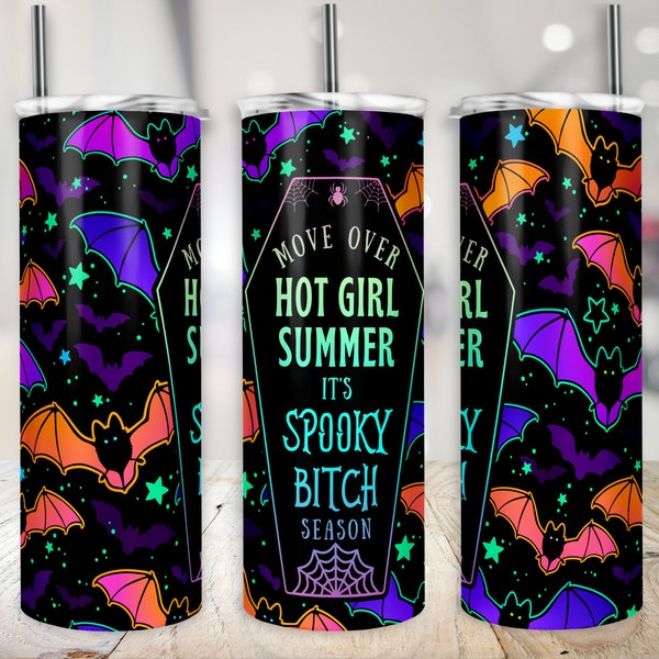 Bright Halloween Bat Tumbler Wrap 20 oz Skinny Sublimation Spooky Bitch Season Digital Design Download