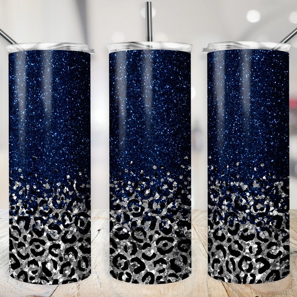 Navy Blue & Silver Glitter Tumbler Wrap Blue and Silver Cheetah Print Background Animal Skin 20 oz Sublimation PNG Digital Design