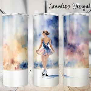 May include: A watercolor design of a figure skater on a blue and pink background. The design is seamless and can be used for a variety of projects, such as tumblers, mugs, and phone cases.