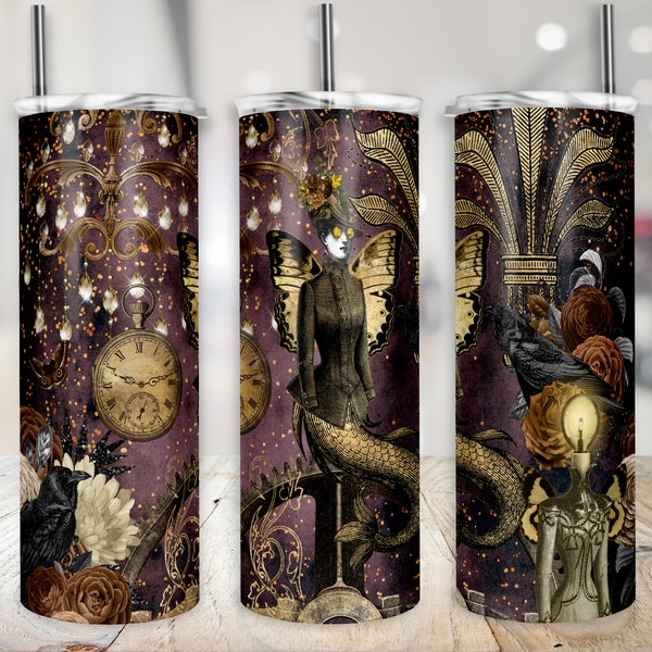 Steampunk Tumbler Wrap, Victorian Fantasy Cup Design, Gears & Clocks PNG, Gothic 20 oz Sublimation, Vintage Dystopian Industrial Sublimate