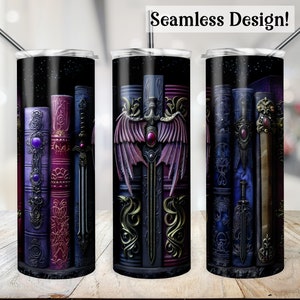 May include: Three stainless steel tumblers with a seamless design featuring a dark background with a stack of books, a sword, and wings. The books are decorated with gold and purple accents.