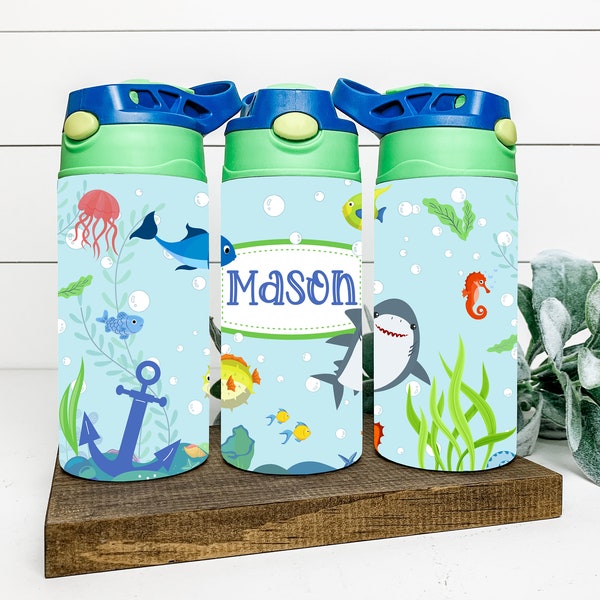 12 oz Sublimation Kids Flip Top Tumbler Wrap Design Shark & Fish Under the Sea 2 Styles Girls Boys - Design Only