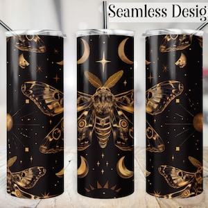 May include: A black and gold tumbler with a seamless design featuring a moth, stars, and crescent moons. The text "Seamless Design!" is printed on the top of the image.