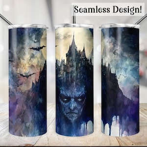 May include: A watercolor-style illustration of a spooky castle with bats flying overhead. The castle is set against a backdrop of a dark blue sky with a full moon. The image is printed on a stainless steel tumbler.
