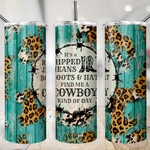 Country Tumbler Wrap, 20 Unzen Western Cup Transfer, zerrissene Jeans-Stiefel & Hut PNG, 20 Unzen Rindsleder Leopard Sublimationsdesign für Cowgirls