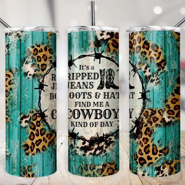 Cowboy Tumbler Wrap Western Cup Wrap Ripped Jeans Boots & Hat Wood Cowhide Leopard Print Sublimation Template 20 oz PNG Digital Design