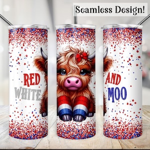 4 luglio Highland Cow Tumbler Wrap, SEAMLESS 20oz Funny Red White & Moo Cup Transfer, America 20 oz Skinny Sublimation Design, USA Baby Cow