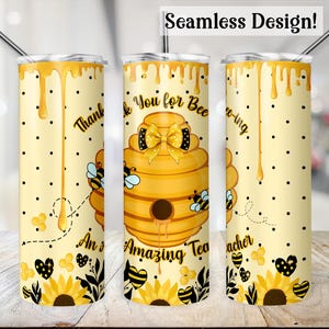 Teacher Appreciation Tumbler Wrap, SEAMLESS 20oz Thank You for Bee-ing Amazing Cup Transfer, Bumblebee 20 oz Sublimation Design, Teacher PNG