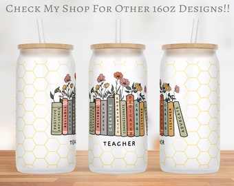 May include: Three 16oz stainless steel tumblers with a white background and a honeycomb pattern. Each tumbler has a different design of books with words like "reliable", "creative", and "caring" on the spines. The words "Teacher" is printed on the middle tumbler.