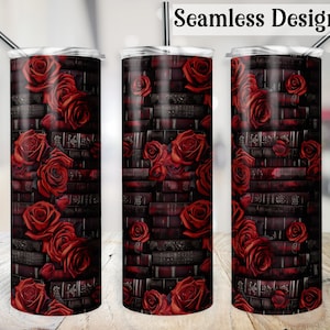 Gotische boeken Tumbler Wrap, NAADLOZE 20 oz rode rozen Goth Cup transfer, leesgrage bloemen PNG, 20 oz mager sublimatie ontwerpbestand
