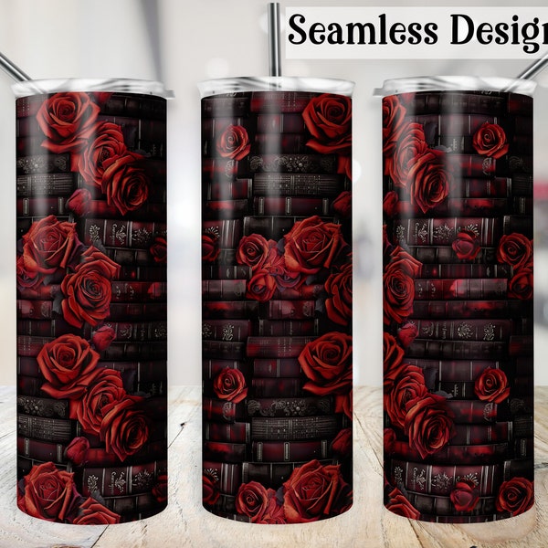 Gothic Books Tumbler Wrap, SEAMLESS 20oz Red Roses Goth Cup Transfer, Bookish Floral PNG, 20 oz Skinny Sublimation Design File