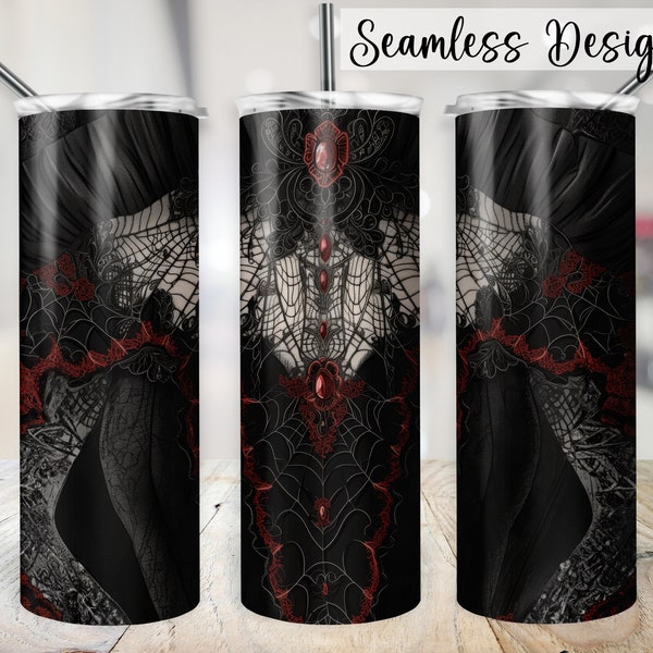 Gothic Wedding Dress Tumbler Wrap, SEAMLESS 20oz Red & Black Bride Cup Transfer, Goth Lacy Gown 20 oz Sublimation Design for Bachelorette