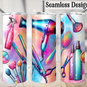 May include: A seamless design for a tumbler featuring a colorful array of hair styling tools, including a hair dryer, curling iron, hairspray, and brushes. The design is set against a pink and purple background with glitter accents.