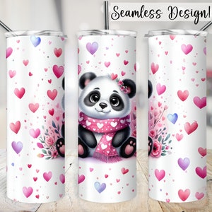 May include: A white tumbler with a panda bear wearing a pink scarf and a pink flower in its ear. The background is a white and pink pattern of hearts.
