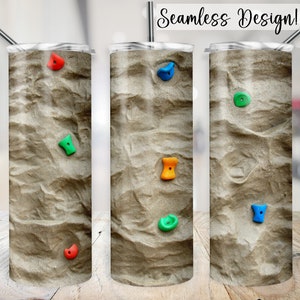 May include: A seamless design for a tumbler featuring a close-up of a rock climbing wall with various colored holds. The wall is textured and has a light brown color.
