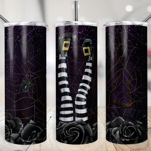 Häxmugg, Halloween-spindlar och svarta rosor, överföring av PNG med häxmotiv, sublimeringsdesign med smal passform, randiga strumpbyxor med 20 oz