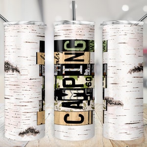 Camping Tumbler Wrap Licencia Placa Cartas Abedul Fondo Camping Fiesta Favor PNG Campamento Personalizado Vaso 20 oz Diseño de Sublimación
