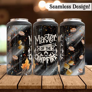 May include: Three black can coolers with a camping theme. The coolers feature a starry night design with marshmallows and a campfire graphic. Text on the coolers reads "Master of the Campfire" and "Seamless Design!"