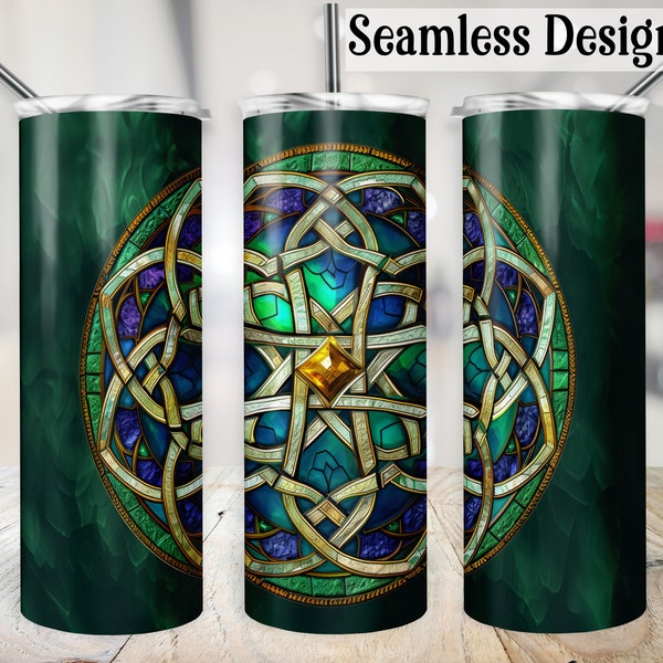 Celtic Knot Tumbler Wrap, SEAMLESS 20oz Irish St Patrick's Day Cup Transfer, Stained Glass PNG, 20 oz Skinny Sublimation Design