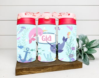 TWO Narwhal Kids Tumbler Wrap, Sublimation Design 12 oz Sippy Cup, Water Bottle for Kids, Personalized Name Design