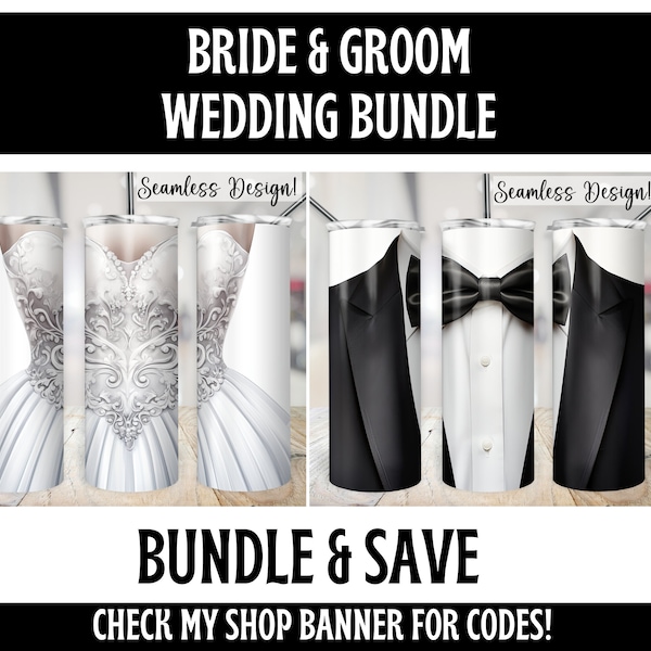 Bride & Groom Tumbler Wrap Bundle, SEAMLESS 20oz Wedding Cup Transfer, Black White 20 oz Skinny Sublimation Design, Gown Tuxedo Template