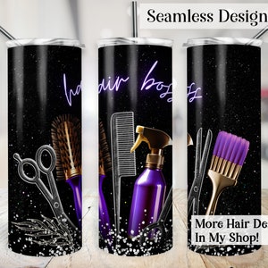 May include: A black and silver tumbler with a purple and gold design featuring hairdressing tools, including scissors, combs, brushes, and a spray bottle. The text "hair boss" is written in purple on the tumbler.