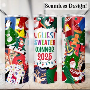 Ugly Sweater Tumbler Wrap, SEAMLESS 20oz Ugliest Christmas Sweater Winner Cup Transfer, Holiday Party Prize, 20 oz Skinny Sublimation Design