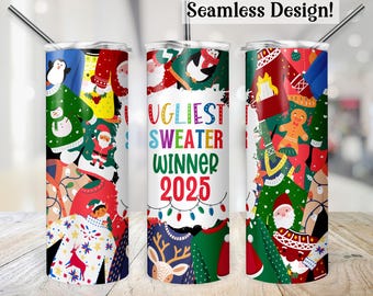 Envoltorio para vaso de suéter feo, transferencia sin costuras para el ganador del suéter navideño más feo de 20 oz, premio para fiesta navideña, diseño de sublimación delgado de 20 oz