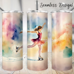 Figure Skating Tumbler Wrap, SEAMLESS Watercolor Ice Skater Cup Transfer, Ice Dancer Coach PNG, Ice Skating 20 oz Skinny Sublimation Design