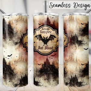 May include: A seamless design for a tumbler featuring a watercolor illustration of a spooky castle with bats flying in the air. The design includes a vintage label that reads "Authentic Vampire Rat Blood".
