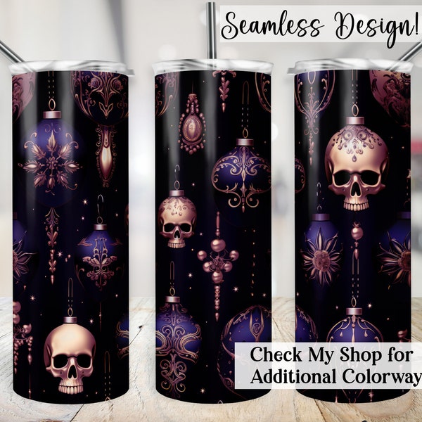 Gothic Christmas Tumbler Wrap, SEAMLESS Purple Black & Gold Goth Ornaments Cup Design PNG, 20oz Xmas Skull File, 20 oz Sublimation Design