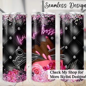 May include: A black and pink stainless steel tumbler with a design of a hand holding scissors, pink flowers, and the text "hair boss". The background is a black quilted pattern with silver glitter.