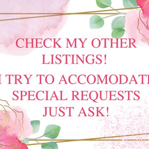 Puede incluir: Un fondo de acuarela rosa y dorado con un marco dorado y el texto "CHECK MY OTHER LISTINGS! I TRY TO ACCOMODATE SPECIAL REQUESTS JUST ASK!"