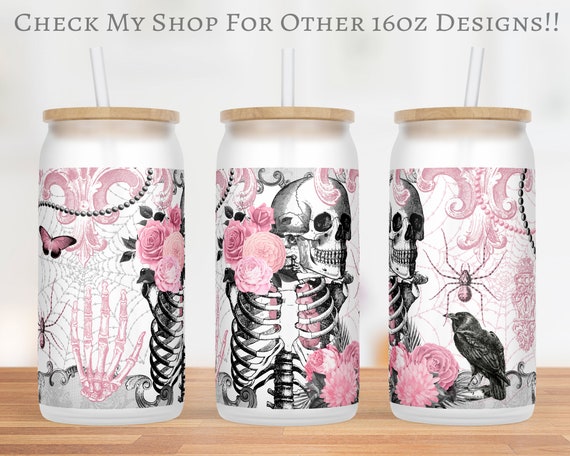 Pink Gothic 16oz Libbey Wrap, Witchy Pastel Glass Can PNG, Goth Skeleton 16 oz Sublimation Design File, Halloween Libby Cup Transfer
